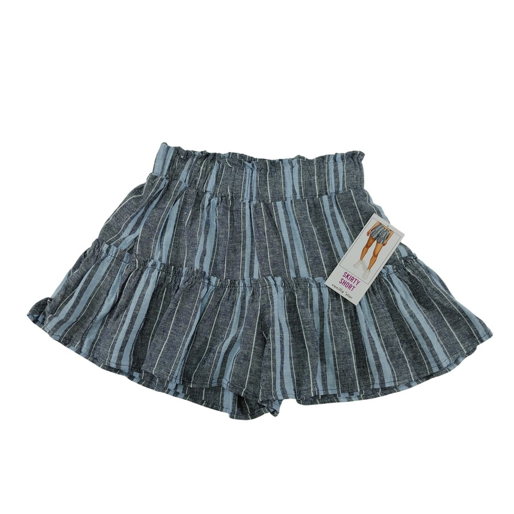 Vanilla Star Womens Skirty Short M Blue Striped Linen Rayon Ruffle New